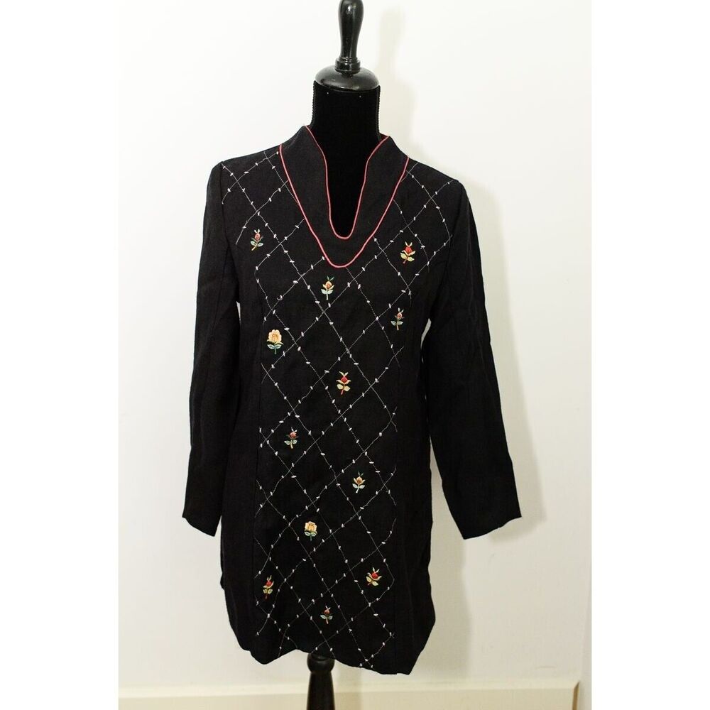 April Cornell Embroidered Tunic Dress S Black Cotton/Rayon Womens Party Office
